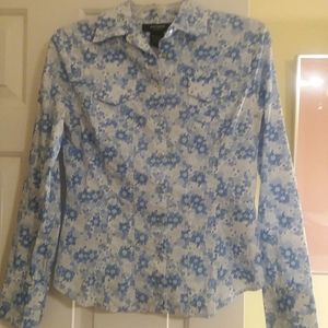 Express Stretch Blue Floral  Fitted Shirt 3/4